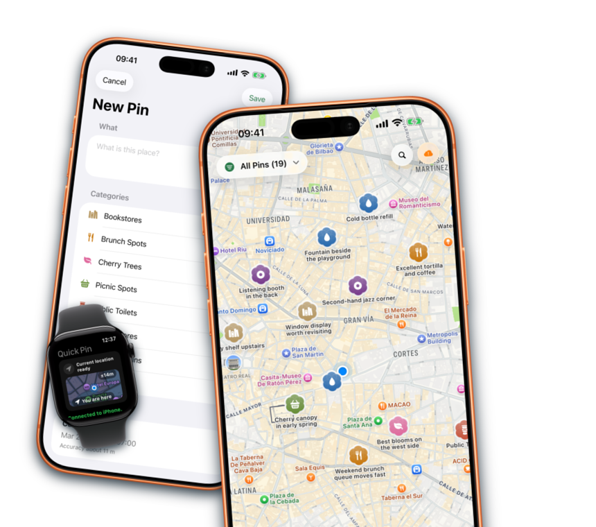 Framed screenshots of Piningo on iPhone and Apple Watch