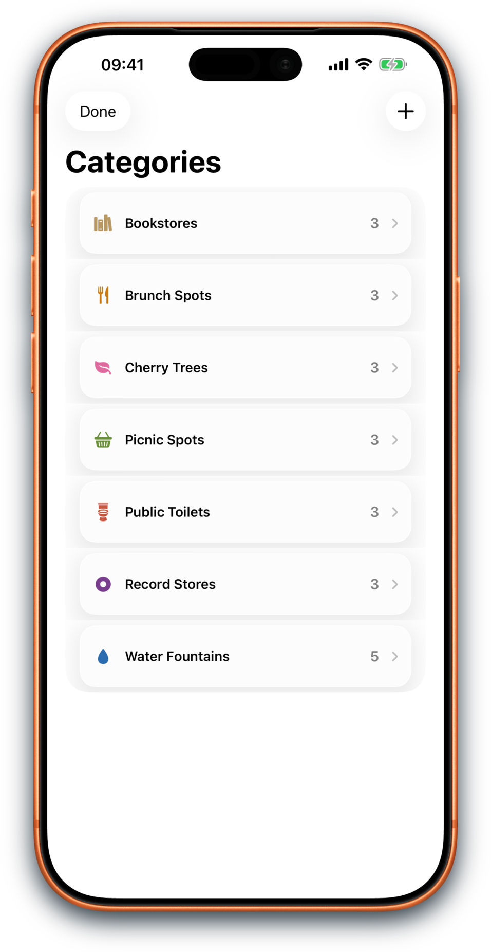 Piningo category management screen